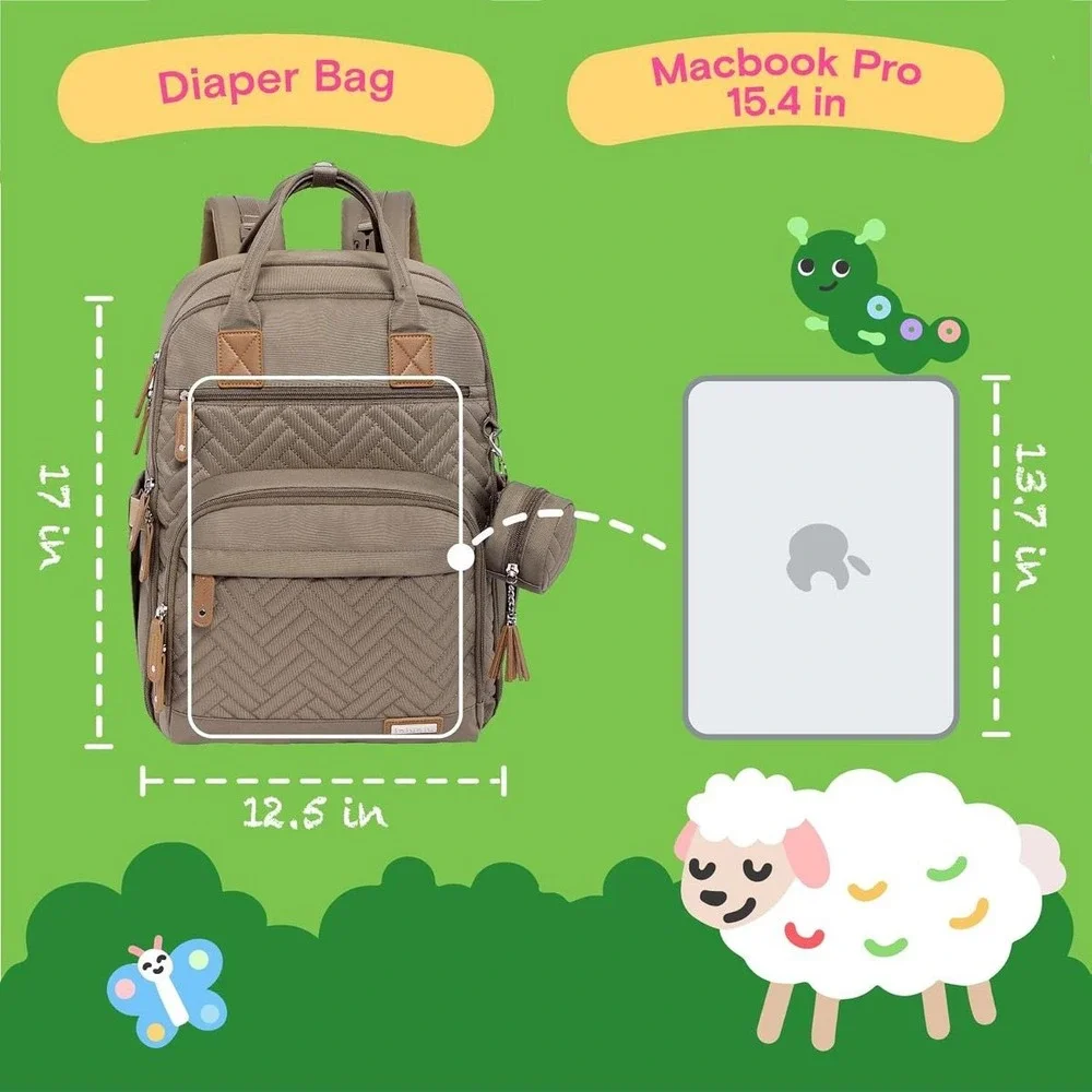 iniuniu Khaki Quilted Diaper Bag Backpack 4-in-1‎ Kit with Changing Pad NWT
